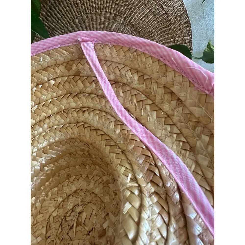 Large Straw Sun Hat with Pink Gingham Trim